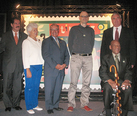 Congressman José E. Serrano (NY-16), Congresswoman Grace Flores Napolitano (CA-38), Congressman Joe Baca (CA-43), the stamp artist guy, U.S. Postmaster General John E. Potter, and 2008 NEA Jazz Master Candido Camero.