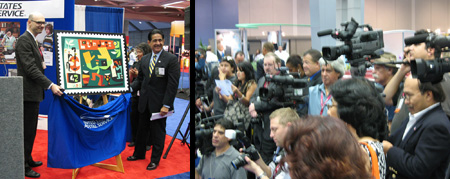 Meet the Press: Unveiling the Latin Jazz stamp at the Sacramento Convention Center with Augustine Martinez, President and CEO of the United States Hispanic Chamber of Commerce.